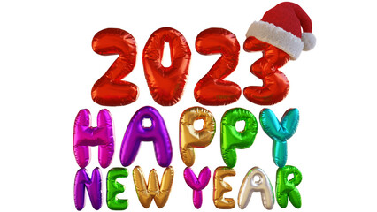 Happy New Year 2023 text  with colorful balloons and Red Santa Hat. Christmas, party and entertainment concept. PNG Transparent 3D illustration