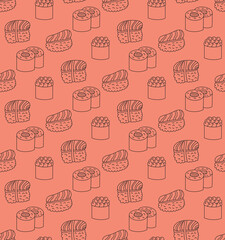 Seamless pattern background with cute sushi hand drawn outline doodles on bright salmon pink backdrop. Contour drawing, asian food vector illustration print, wallpaper, texture design