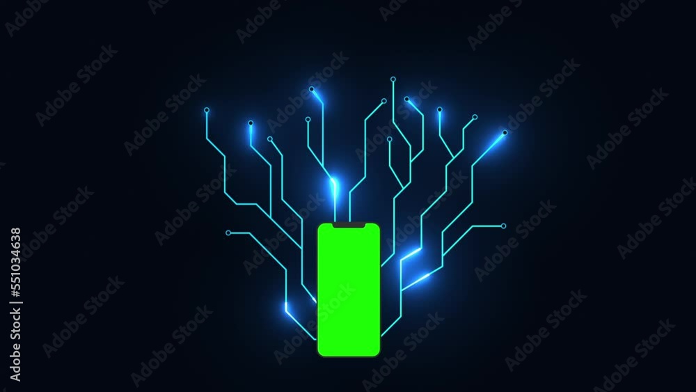 Poster animation of network of connections and smartphone with green screen on black background. cyber secu