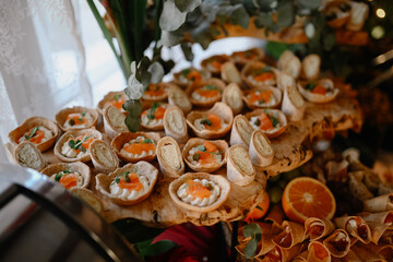 Buffet table with beautiful food for celebrations.