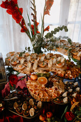 Buffet table with beautiful food for celebrations.