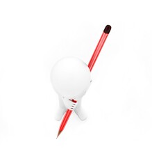 3d man holding a pencil by both of his hands with its graphite end pointing towards the ground concept