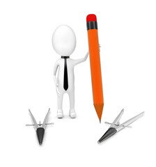 3d man character holding a large pencil in one of his hand and a dividers lying on floor concept