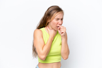 Young caucasian woman isolated on white background coughing a lot