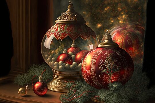 Christmas Snow Globe with Xmas Background.  Vintage Retro New Year decorations poscard backdrop. Generative AI. 