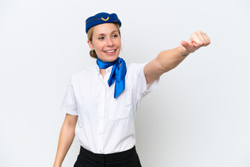 Airplane blonde stewardess woman isolated on white background giving a thumbs up gesture