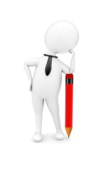 3d man wearing a tie and leaning one of his hand,s over a pencil pointed towards ground concept