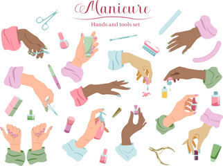 Manicure tools and female hand beauty care set in flat style isolated on white background