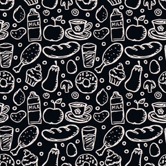 seamless pattern with food icons. icons of food, mushrooms, sweets, vegetables and fruits. vector food icons