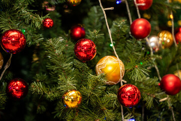 Red and Gold Ball Decorations on the Christmas Tree