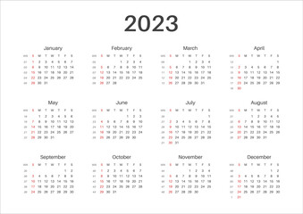  Simple, minimalist design. Vector 2023 year calendar.