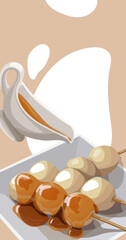 Illustration of Asian dango food in sauce. Dango on a designer background in light shades to attract customers. Can be used to print menus, flyers and banners on paper.