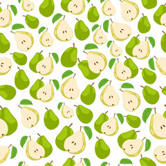 Green and yellow pears on seamless background. Pattern, textile, fabric, print or wrapping paper. Juicy fruit. Green leaf's.