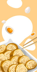 Illustration of an Asian tamago omelette dish for marquetinka against a backdrop of bright spots. Flyer for distribution. Can be used to print menus, flyers and banners on paper.