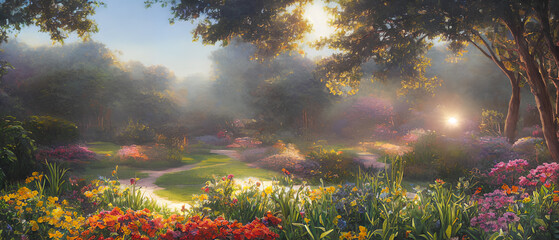 Artistic digital painting of majestic garden, wallpaper