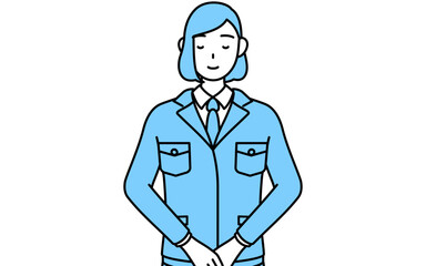 軽く会釈（お辞儀）をする作業着を着た女性のシンプルな線画イラスト