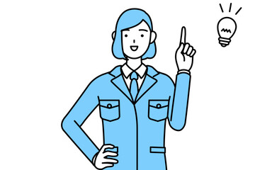 アイデアを思いついた作業着を着た女性のシンプルな線画イラスト