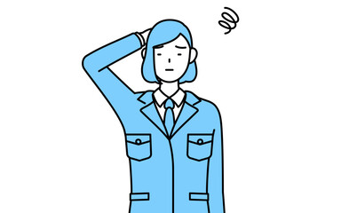 困って頭をかく作業着を着た女性のシンプルな線画イラスト