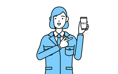 スマホのキャッシュレス・オンライン決済を勧める作業着を着た女性のシンプルな線画イラスト