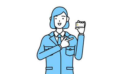クレジット決済を勧める作業着を着た女性のシンプルな線画イラスト