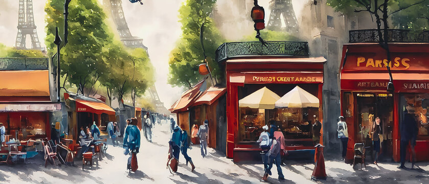 Artistic watercolor painting of European city, Paris, wallpaper