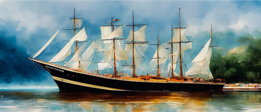 Artistic painting of ship on the sea, wallpaper
