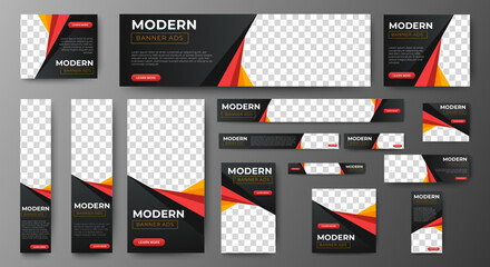 Fototapeta na wymiar Creative web banners of standard size with a place for photos. Gradient black and red. Business ad banner. Vertical, horizontal and square template. 