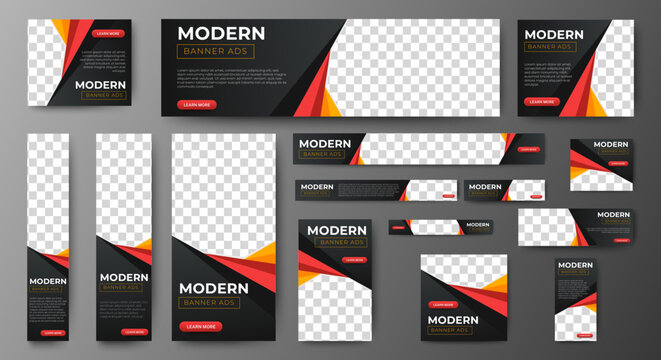Creative web banners of standard size with a place for photos. Gradient black and red. Business ad banner. Vertical, horizontal and square template.	