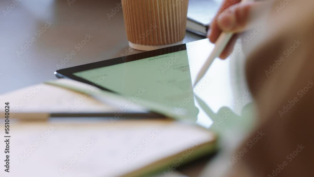 Poster business, tablet and screen with digital pen for data planning, reading research and online at offic