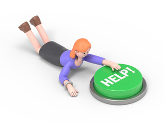 3D illustration of smiling European businesswoman Ellen   crawling to the help button.3D rendering on white background.
 - obrazy, fototapety, plakaty