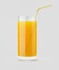 Glasses of orange fruit juice with drinking straw on gray background - 3d rendering