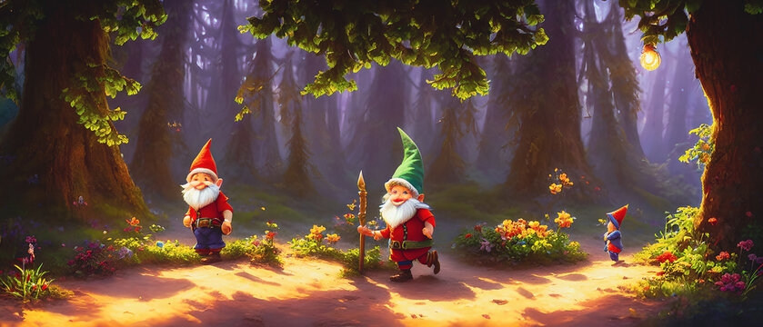 Artistic cartoon painting of fantasy gnome in garden, wallpaper
