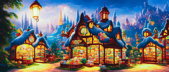 Artistic painting of a colorful candy land, wallpaper