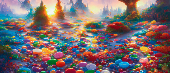 Fototapeta na wymiar Artistic painting of a colorful candy land, wallpaper
