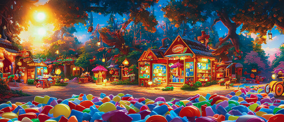 Artistic painting of a colorful candy land, wallpaper