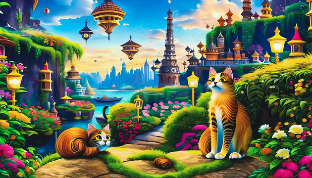 Fototapeta Artistic cartoon painting of fantasy cat, wallpaper