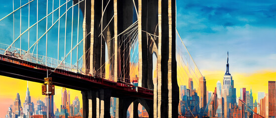 View of New York, river and bridge. modern abstract Artwork, Painting American city, urban illustration