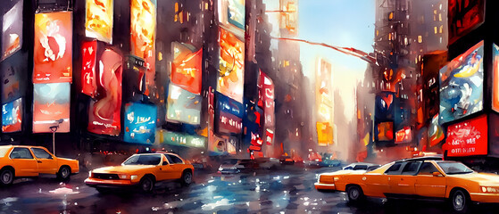 Street view of New York City, USA, Abstract water color painting. Urban illustration