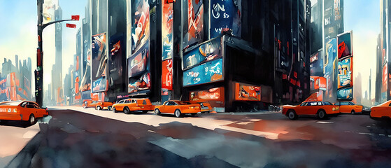 Street view of New York City, USA, Abstract water color painting. Urban illustration, Generative AI
