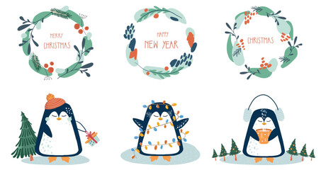 Collection of Christmas and New Year wreath with hand drawn penguins and text