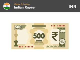 Indian rupee banknote illustration. 500 bill paper money. Five hundred INR cash. The official currency of India. Flat style. Simple minimal design. Vector.