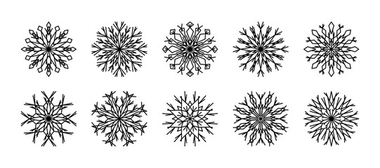 Outline snowflakes set for winter design. Snow flake line icons winter vector illustration. Design element for Christmas or New Year cards.Collection line art snowflakes isolated on white background.