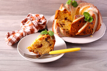 Fruit bundt cake with glaze on top,