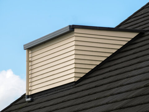 Windowless shed roof dormer loft with weatherboards.