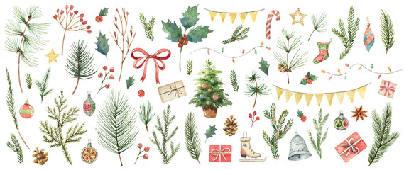 Watercolor Christmas set with fir branches, balls, gifts, garlands and bow. Holiday Illustration isolated on transparent background. - 551044282