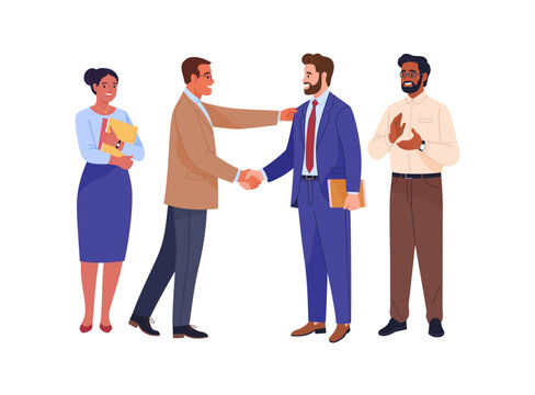 Businessmen meeting. Vector cartoon illustration of diverse smiling business people, and two bosses shaking hands. Isolated on white