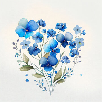  heart of blue flowers, watercolor painting