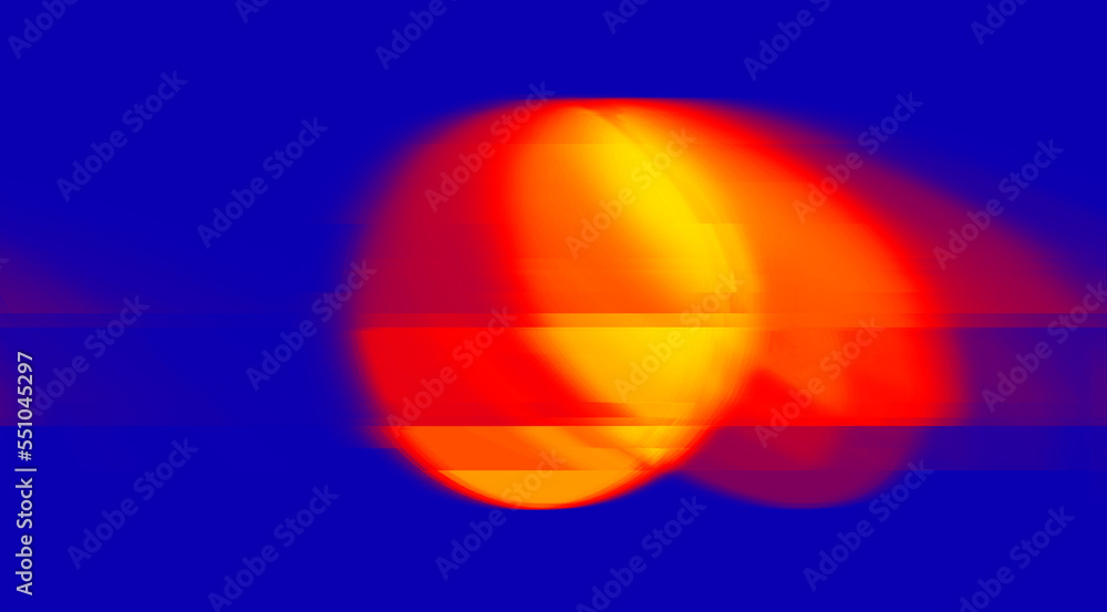 Poster glitched sun orange and deep red round geometric shape with noise, scanlines and screensclices on bl