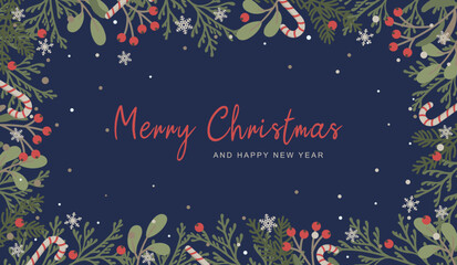 Merry Christmas and Happy New Year greeting card. Winter holiday frame with hand drawn Christmas tree branches, leaves, berries, snowflakes. Cute flat design elements in retro style. Vector 