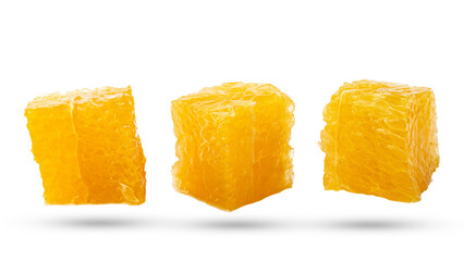 Set of orange fruit cubes isolated on a white background with clipping path.